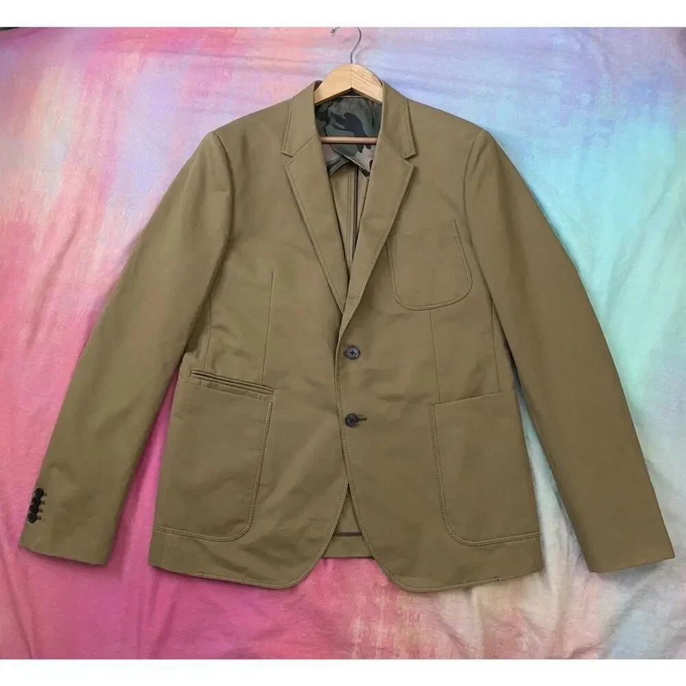 VALENTINO GARAVANI Tan Green Blazer twill sport coat camo lining Size 54 44” Ch